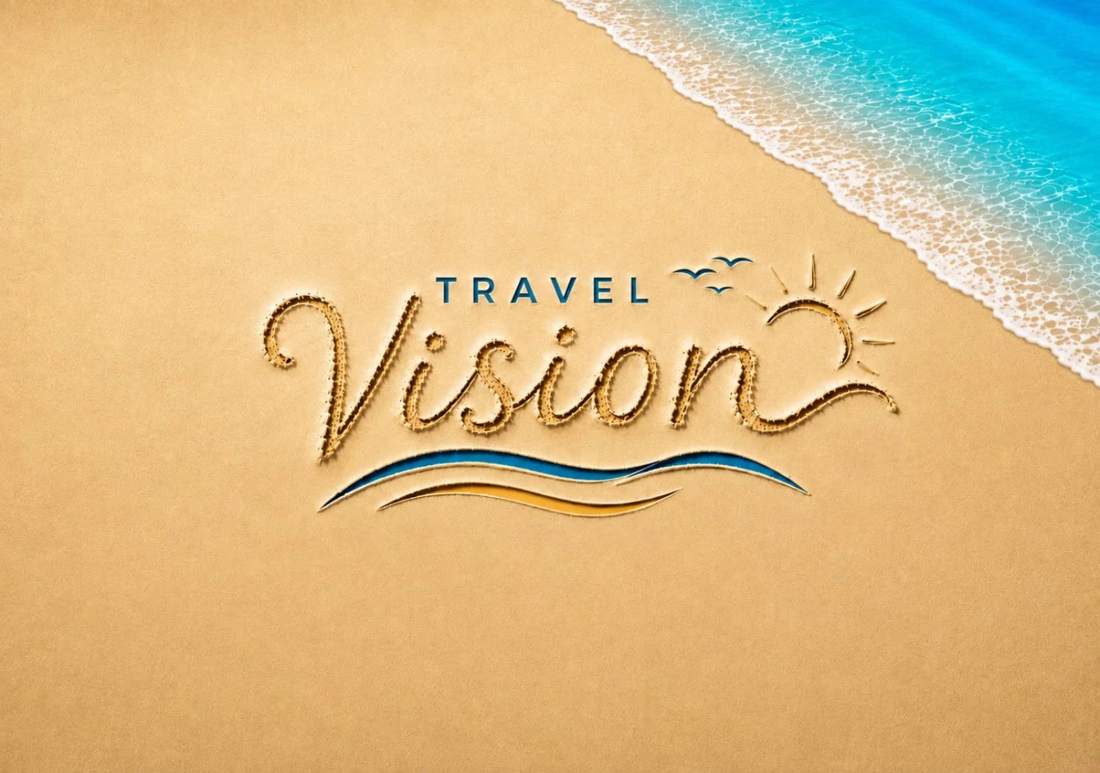 Travel Vision logo iscrtan u pesku pored mora